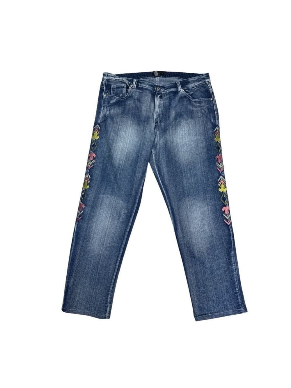 Ashley Stewart Women's Floral Embroidered Denim Jeans Blue Size 18
